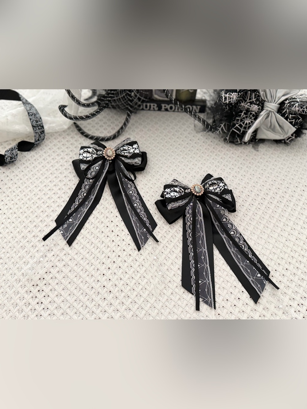 Gothic Black Lace Ribbon Bow Hair Clip - Elegant Womens Accessory Spooky season